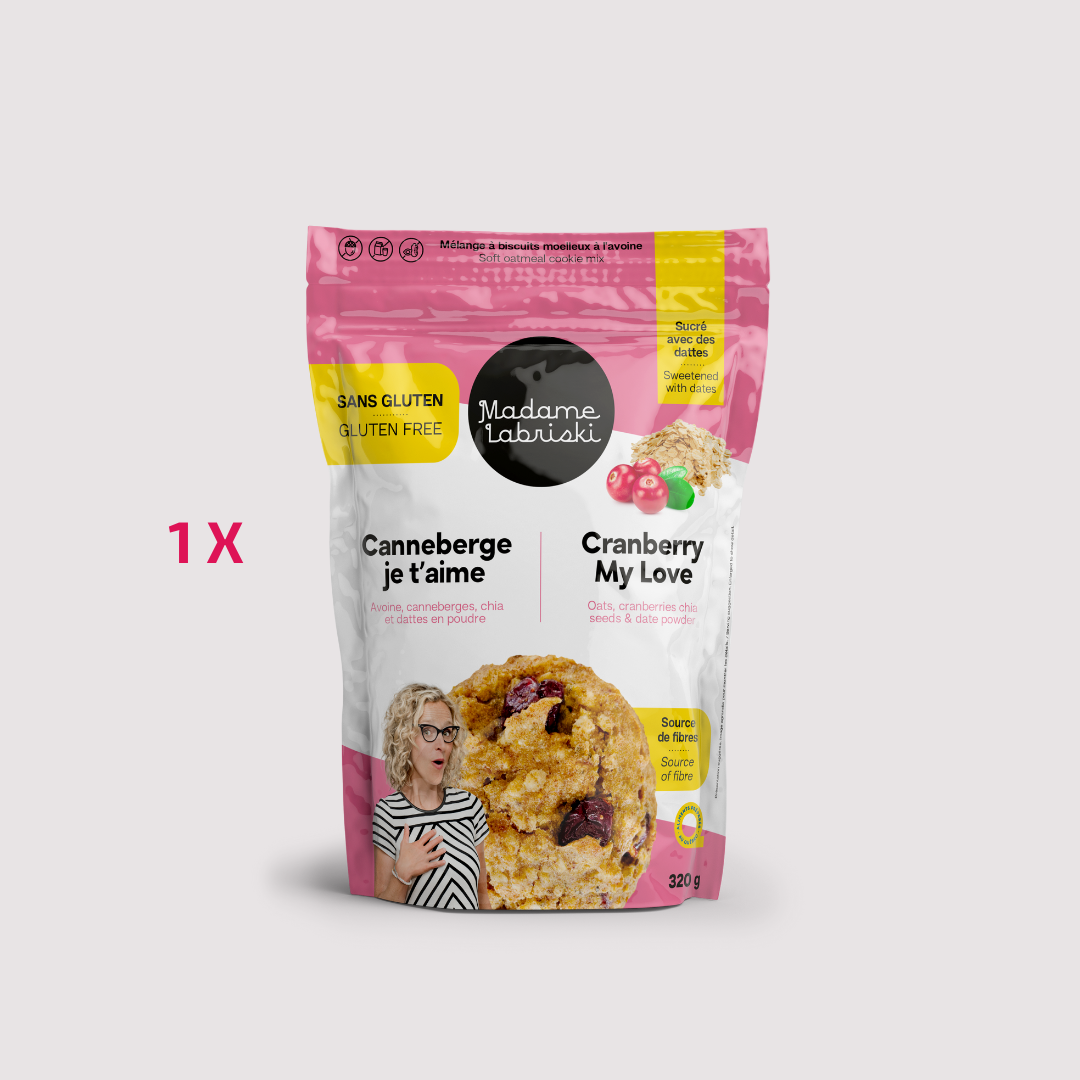Mélanges à biscuits Canneberge je t'aime. Préparation sans gluten, sans noix ni arachides, sans produits laitiers, sans sucre raffiné ajouté et riche en fibres. Produit de l'épicerie santé en ligne de Madame Labriski. Disponible à l'unité.
