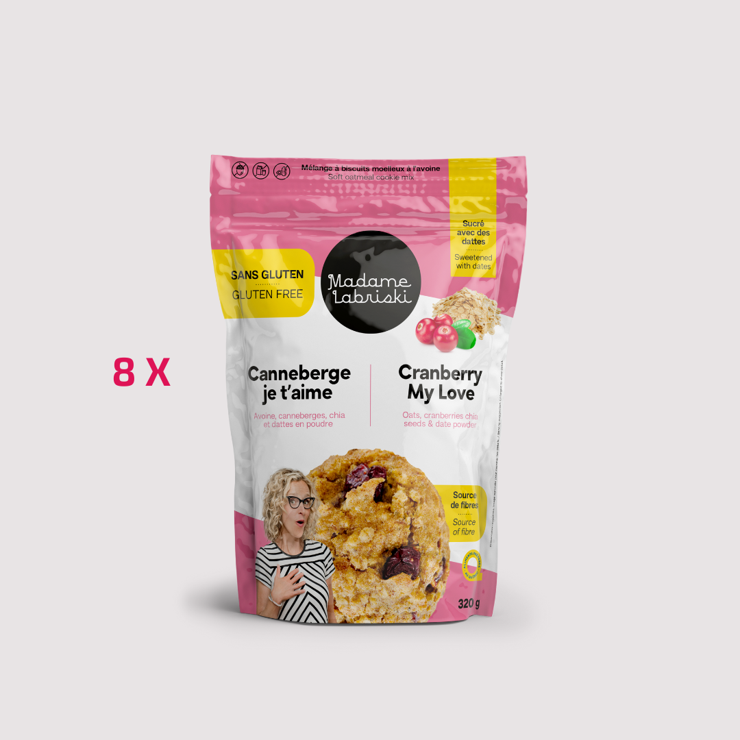 8 x sac de mélanges à biscuits santé SANS GLUTEN Canneberge je t'aime Madame Labriski c'est une caisse et ça vaut la peine.