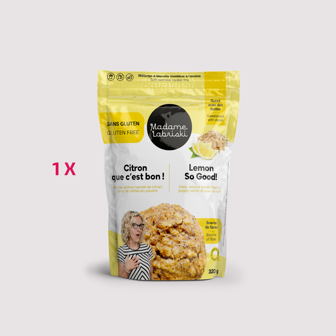 Mélanges à biscuits Citron que c'est bon. Préparation sans gluten, sans produits laitiers, sans noix ni arachides, sans sucre raffiné ajouté et riche en fibres. Produit de l'épicerie santé en ligne de Madame Labriski. Disponible à l'unité.