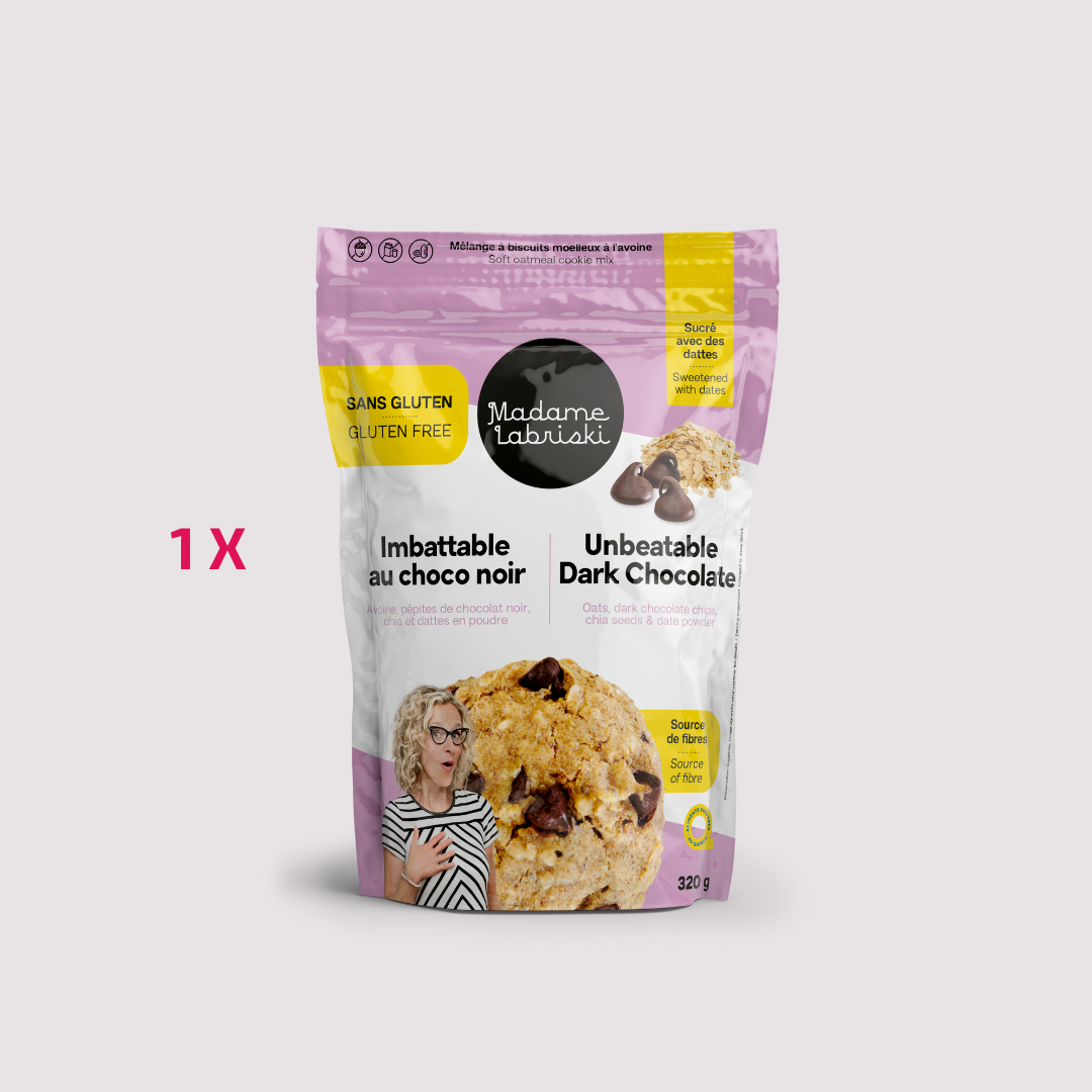 Mélanges à biscuits Imbattables au choco noir. Préparation sans gluten, sans produits laitiers, sans noix ni arachides, sans sucre raffiné ajouté et riche en fibres. Produit de l'épicerie santé en ligne de Madame Labriski. Disponible à l'unité.