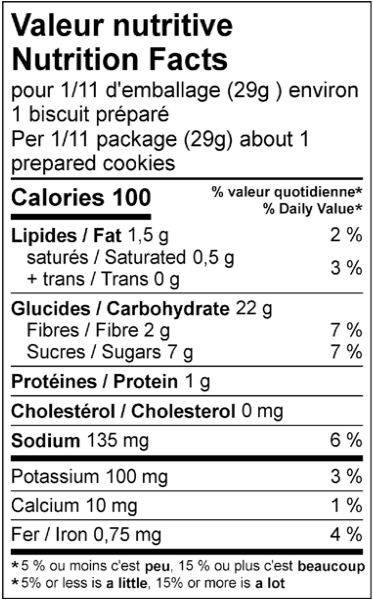 Tableau de valeur nutritive de mélange à biscuits sans gluten Ayoyeski aux pépites.