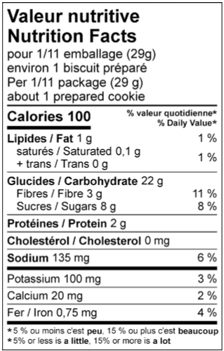 Tableau de valeur nutritive de mélange à biscuits sans gluten Canneberge je t'aime.