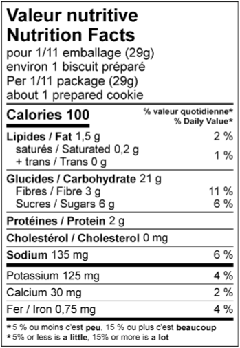 Tableau de valeur nutritive de mélange à biscuits sans gluten Citron que c'est bon!
