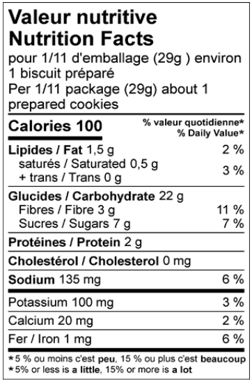 Tableau de valeur nutritive de mélange à biscuits sans gluten Imbattable au choco noir.