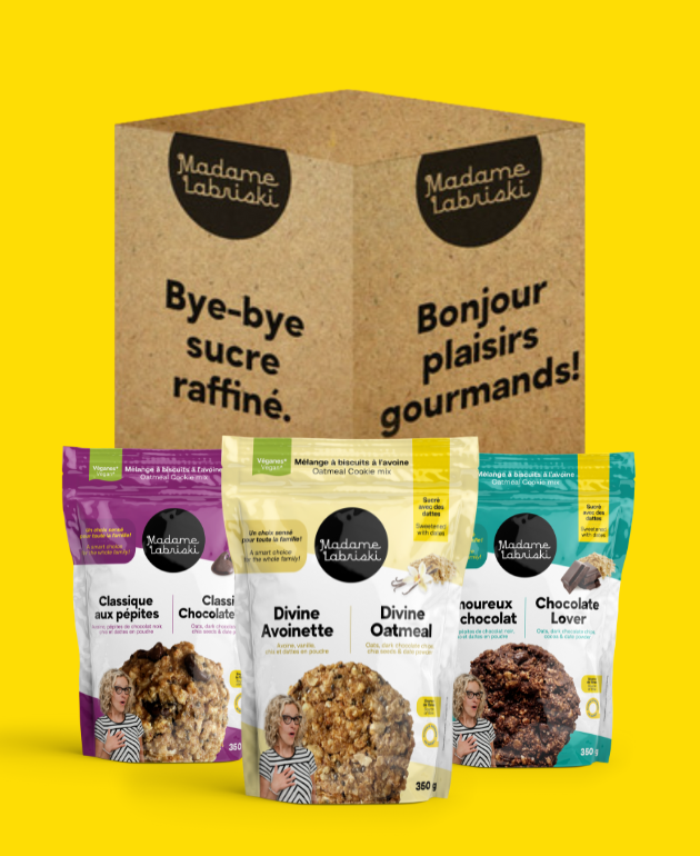 Boîte gourmande offrant 9 mélanges à biscuits santé, végane et sans sucre raffiné ajouté Madame Labriski