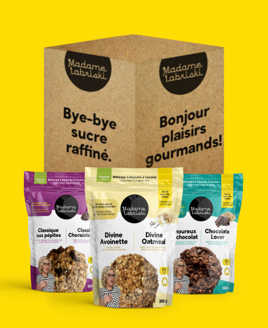 Boîte gourmande offrant 9 mélanges à biscuits santé, végane et sans sucre raffiné ajouté  Madame Labriski