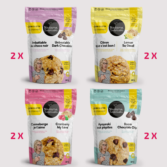 Profitez de la boîte gourmande offrant 8 mélanges à biscuits sans gluten, sans produits laitiers, sans noix, riches en fibres et sans sucre raffiné ajouté Madame Labriski.