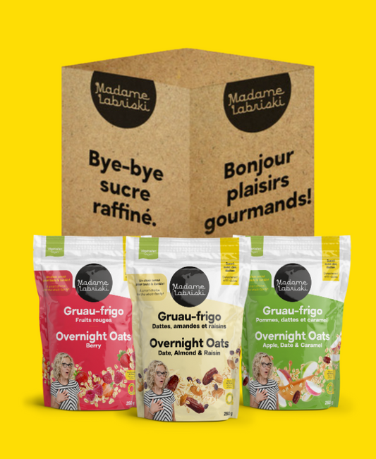 Boîte avantageuse offrant 9 gruaux-frgo santé 3 x moins de sucre, végane et sans sucre raffiné ajouté Madame Labriski
