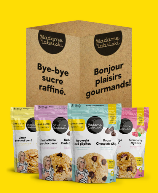 Boîte gourmande offrant 8 mélanges à biscuits sans gluten, sans noix, sans produits laitiers, riches en fibres et sans sucre raffiné ajouté Madame Labriski.