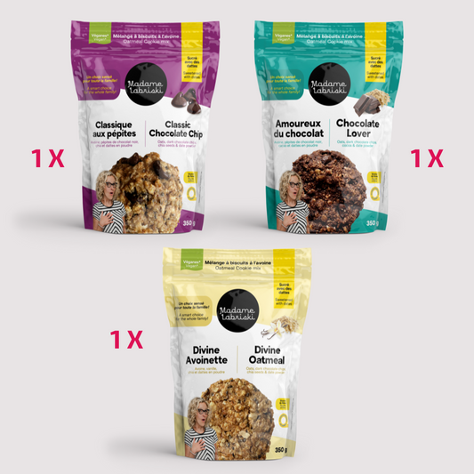 À l'achat de cette boîte santé, vous obtenez : 1 x Gruau Fruits rouges, 1 x Gruau Pommes, dattes et caramel, 1 x Gruau Raisins, dattes et amandes, 1 x Mélange à biscuits végane Divine Avoinette, 1 x Mélange à biscuits végane Classique aux pépites, 1 x Mélange à biscuits végane Amoureux du chocolat, 1 x Mélange à pain aux bananes Banane Joyeuse, 1 x Mélange à brownie moelleux Brownie mon amour!, 1 x Mélange à muffins Choco--bananaaah!, 1 x dattes en poudre.