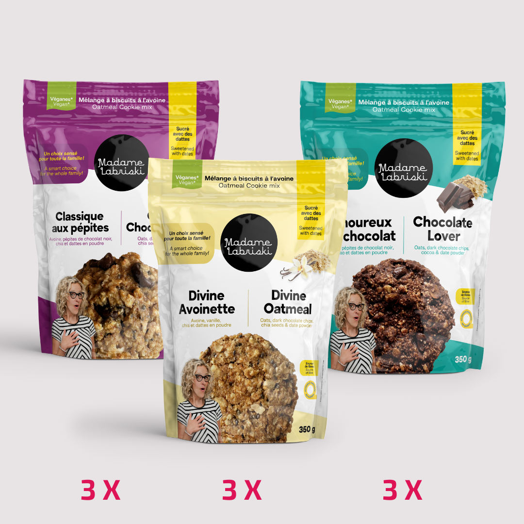 Profitez de la boîte gourmande offrant 3 sachets de chacun des mélanges à biscuits santé, véganes et sans sucre raffiné ajouté de Madame Labriski.