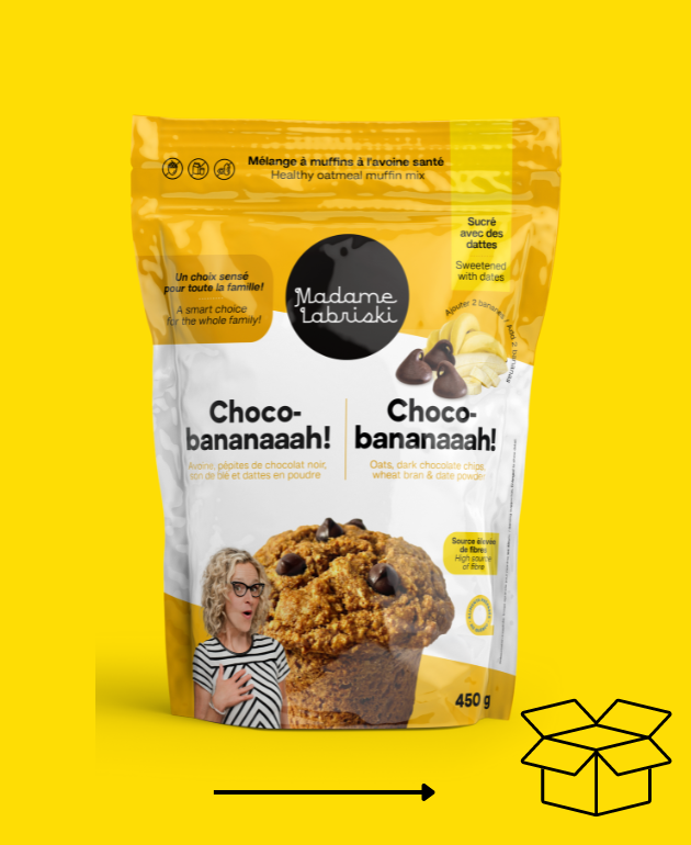 Wow! une réserve de mélanges à muffins à l'avoine Choco-bananes Madame Labriski, c'est génial.