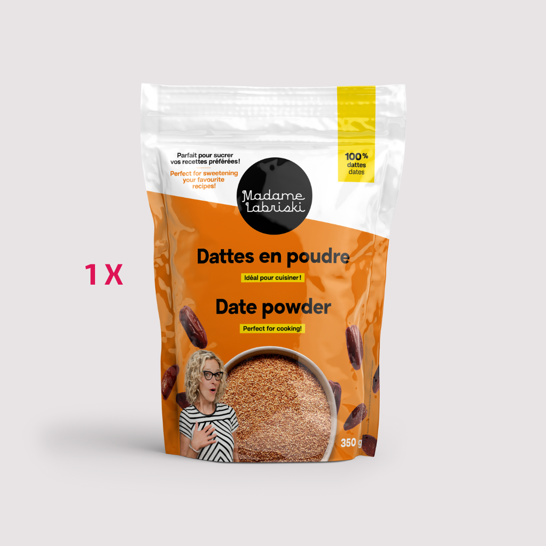 Profitez des bienfaits des dattes avec les dattes en poudre. Riche en fibres, elle permet de sucrer dans culpabilité. Produit de l'épicerie santé en ligne de Madame Labriski. Disponible à l'unité.