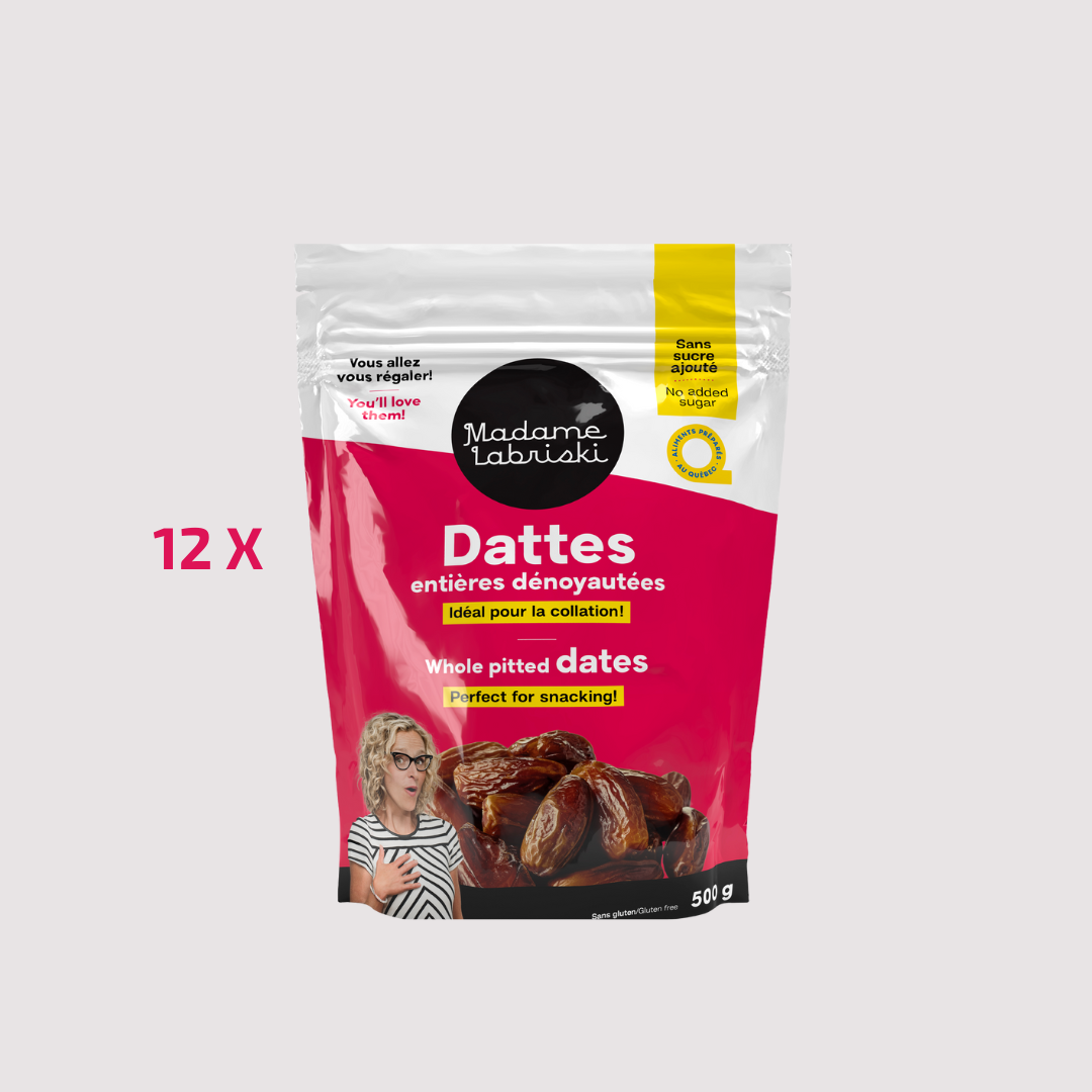 Une caisse de dattes entières est composée de 12 sacs de 500 g. Profitez-en!