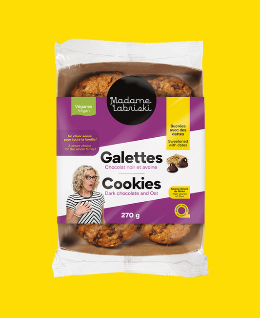 Galettes véganes, sans sucre raffiné et riches en fibres Chocolat noir et avoine. Produit de l'épicerie santé en ligne de Madame Labriski.