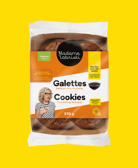 Galettes véganes, sans sucre raffiné et riches en fibres Mélasse réconfortante. Produit de l'épicerie santé en ligne de Madame Labriski.