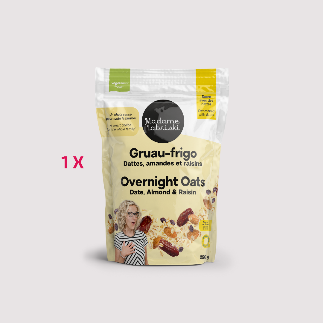 Gruau-frigo 3 x moins de sucre : Dattes, amandes et raisins. Préparation sans sucre raffiné ajouté et riche en fibres. Produit de l'épicerie santé en ligne de Madame Labriski. Disponible à l'unité.