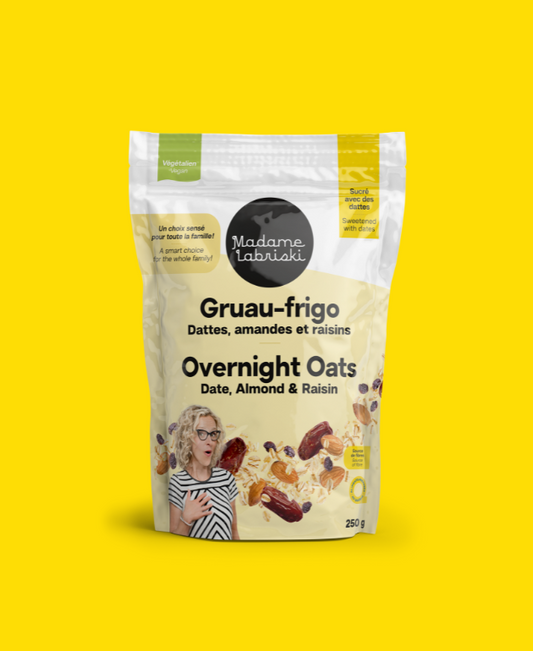 Gruau-frigo 3 x moins de sucre : Dattes, amandes et raisins de Madame Labriski.
