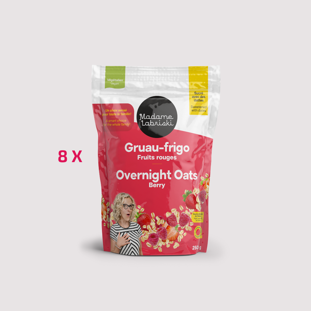 C'est avantageux de s'offrir une caisse de 8 sachet de gruau-frigo Fruits rouges de Madame Labriski.