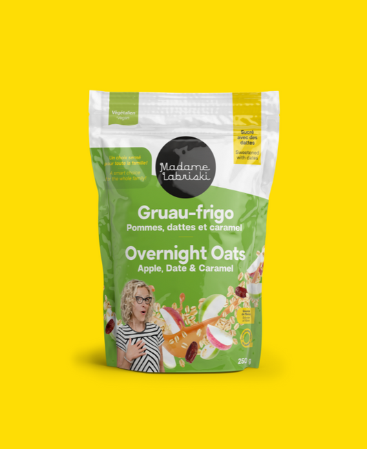 Gruau-frigo 3 x moins de sucre : Pommes, dattes et caramel de Madame Labriski.