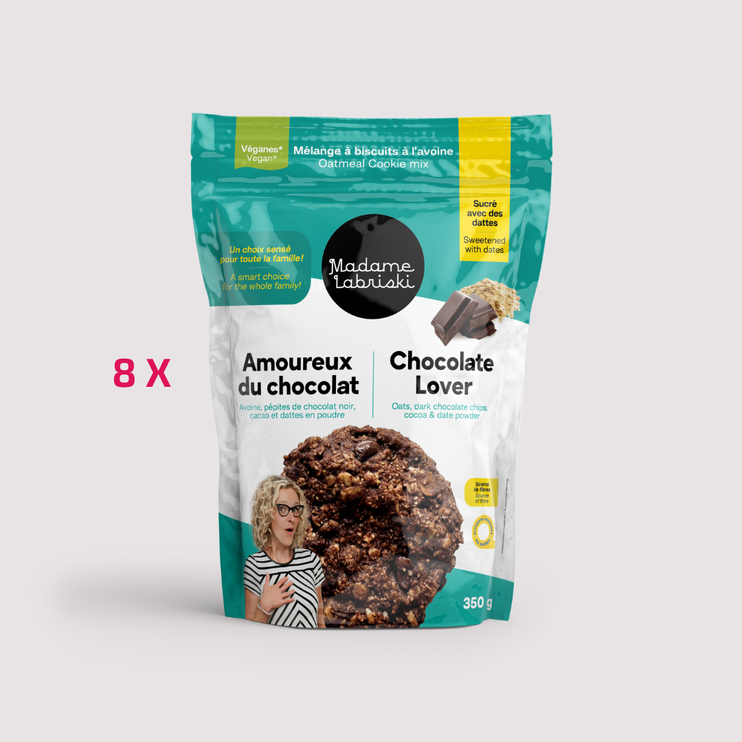 Cette caisse de 8 préparations à biscuits santé véganes est réservées pour les Amoureux du chocolat ;-)