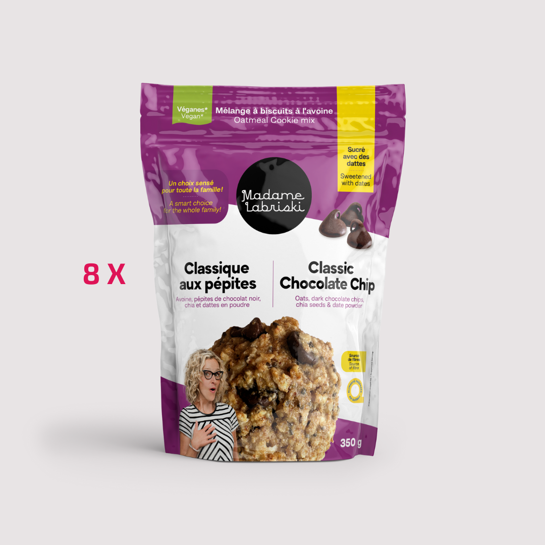 Une caisse de 8 préparation à biscuits santé végane aux pépites de chocolat, ça rend tout le monde heureux.