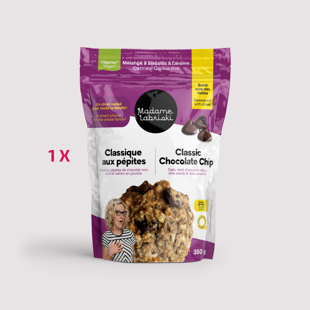 Mélanges à biscuits à l'avoine Classique aux pépites. Préparation végane, sans sucre raffiné ajouté et riche en fibres. Produit de l'épicerie santé en ligne de Madame Labriski. Disponible à l'unité.
