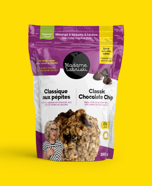 Mélanges è biscuits santé et VÉGANE Classique aux pépites de Madame Labriski. Donne 12 à 15 biscuits