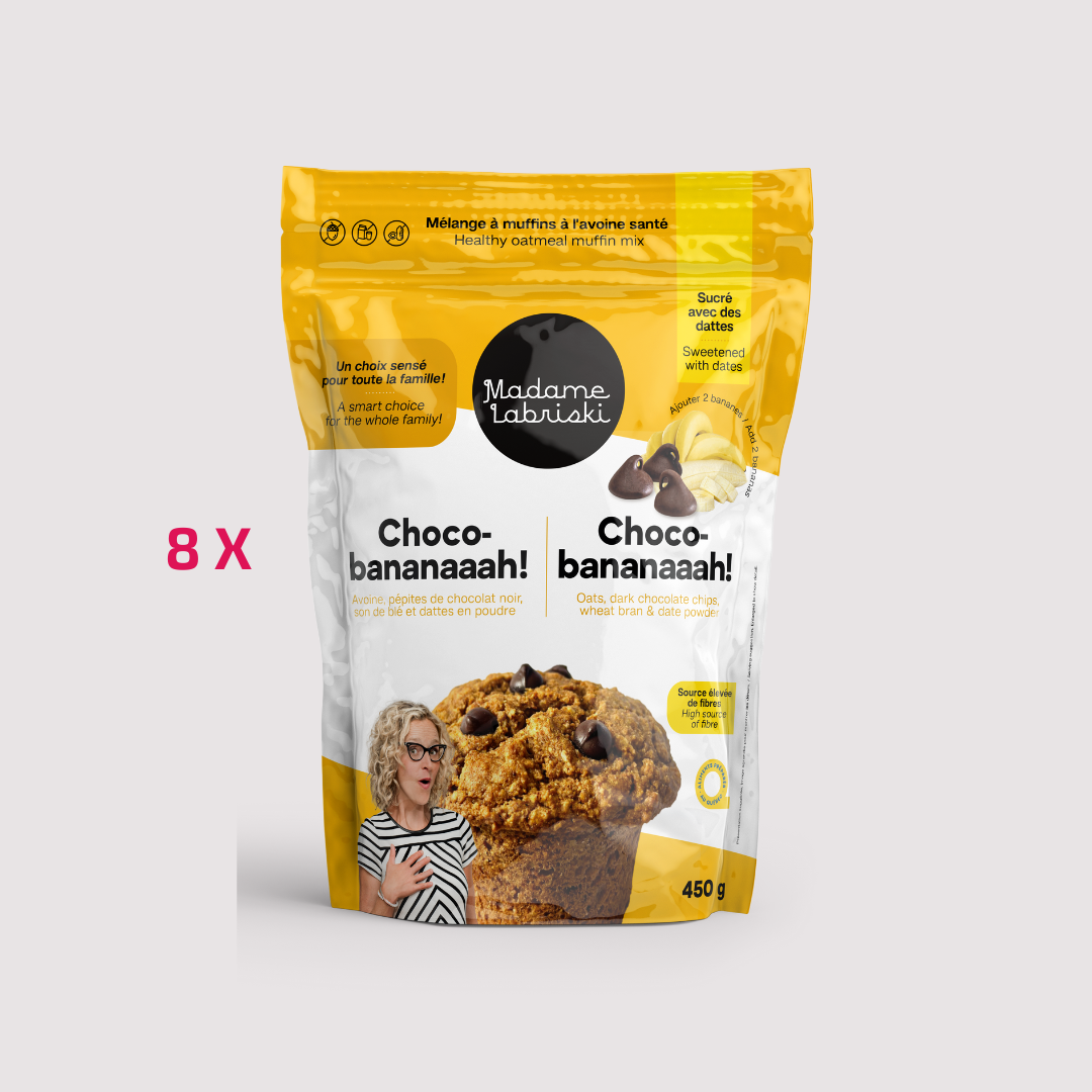 8 x sac de mélanges à muffin à l'avoine au goût de choco-banane Madame Labriski c'est une caisse et ça vaut la peine.