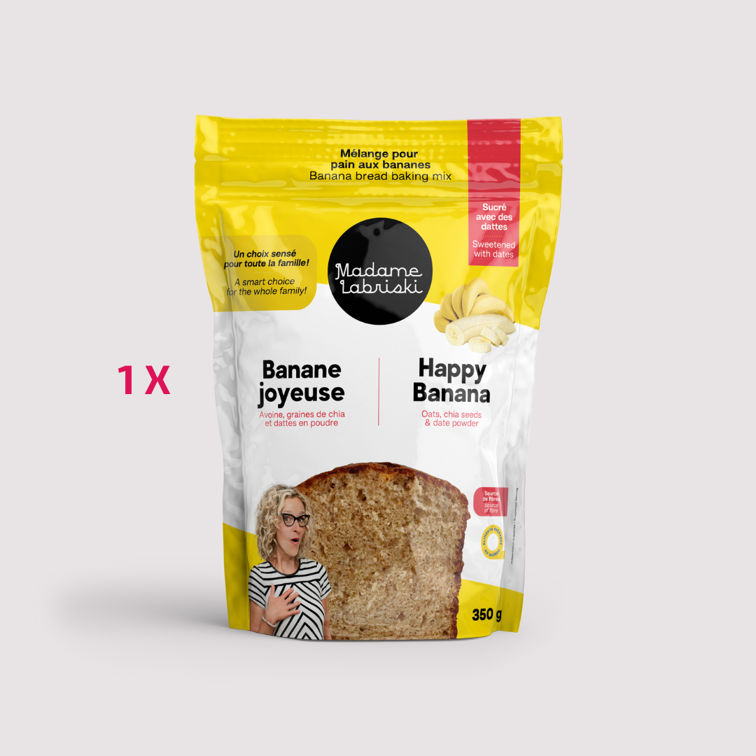 Mélange pour pain aux bananes. Préparation sans sucre raffiné ajouté et riche en fibres. Produit de l'épicerie santé en ligne de Madame Labriski. Disponible à l'unité.