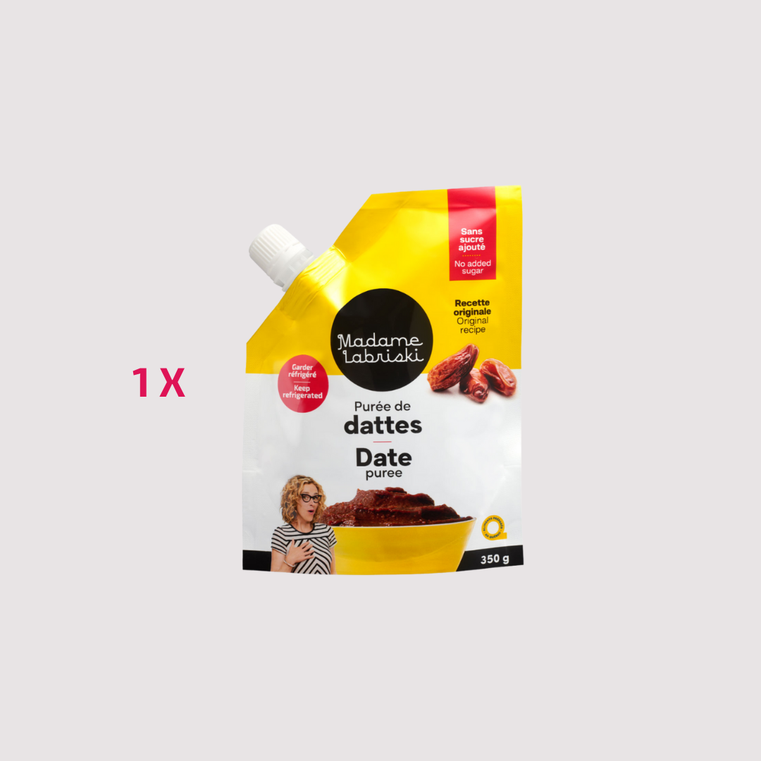 Profitez des bienfaits des dattes avec la purée de dattes originale Madame Labriski. Riche en fibres, la purée est onctueuses et permet de sucrer dans culpabilité.