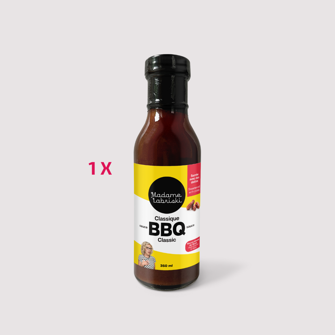 Sauces BBQ santé : La classique. Préparation sans sucre raffiné ajouté et riche en fibres. Produit de l'épicerie santé en ligne de Madame Labriski. Disponible à l'unité.