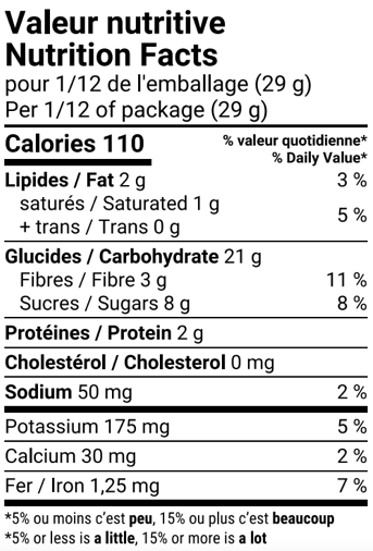 Tableau de valeur nutritive de mélange à biscuits à l'avoine Amoureux du chocolat.