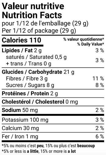 Tableau de valeur nutritive de mélange à biscuits à l'avoine Classique aux pépites.