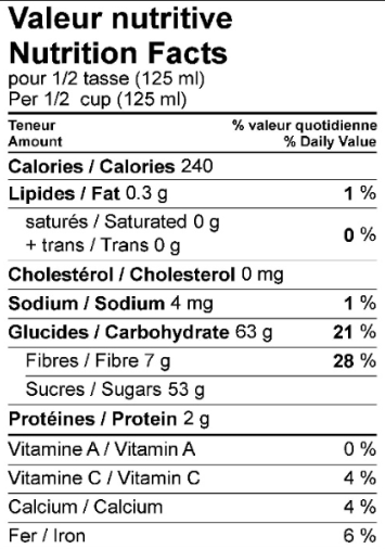 Tableau de valeur nutritive de la purée de dattes originale.