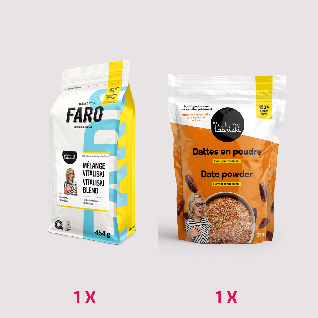 Cette boîte comprend 2 x la gamme de gruaux 3 x moins de sucre, 2 x  le mélange à pain aux bananes santé, 2 x  le mélange à muffins choco-bananes, 1 x les dattes en poudre, 1 x le café santé Vitaliski de Madame Labriski