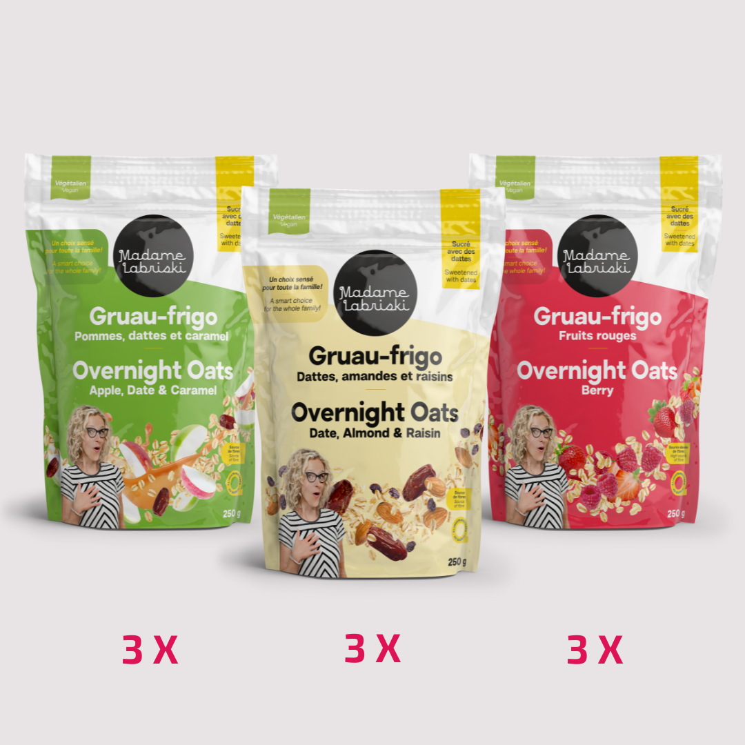 Profitez de la boîte avantageuse offrant 3 sachets de chacun des mélanges à gruau-frigo santé, véganes et sans sucre raffiné ajouté de Madame Labriski.