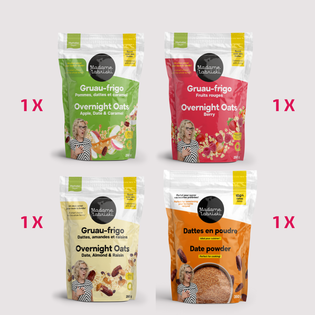 À l'achat de cette boîte santé, vous obtenez : 1 x Gruau Fruits rouges, 1 x Gruau Pommes, dattes et caramel, 1 x Gruau Raisins, dattes et amandes, 1 x Mélange à biscuits végane Divine Avoinette, 1 x Mélange à biscuits végane Classique aux pépites, 1 x Mélange à biscuits végane Amoureux du chocolat, 1 x Mélange à pain aux bananes Banane Joyeuse, 1 x Mélange à brownie moelleux Brownie mon amour!, 1 x Mélange à muffins Choco--bananaaah!, 1 x dattes en poudre.