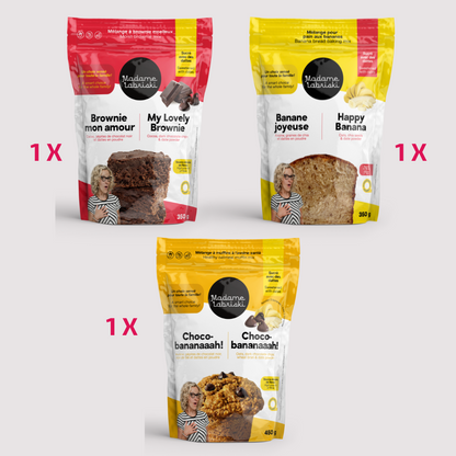 À l'achat de cette boîte santé, vous obtenez : 1 x Gruau Fruits rouges, 1 x Gruau Pommes, dattes et caramel, 1 x Gruau Raisins, dattes et amandes, 1 x Mélange à biscuits végane Divine Avoinette, 1 x Mélange à biscuits végane Classique aux pépites, 1 x Mélange à biscuits végane Amoureux du chocolat, 1 x Mélange à pain aux bananes Banane Joyeuse, 1 x Mélange à brownie moelleux Brownie mon amour!, 1 x Mélange à muffins Choco--bananaaah!, 1 x dattes en poudre.