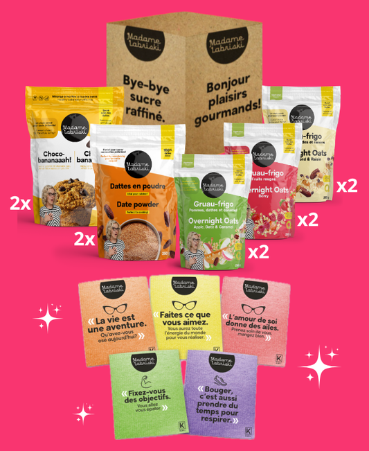 Boîte du Défi #Pimptonmicrobiote qui comprend :
- 2 x dattes en poudre
- 2 x mélange à muffins santé : Choco-bananaaah
- 2 x gruau-frigo 3 x moins de sucre : Dattes, amandes et raisins
- 2 x gruau-frigo 3 x moins de sucre : Fruits rouge
- 2 x gruau-frigo 3 x moins de sucre : Pommes, dattes et caramel
- 1 x le lot de 5 lingettes écolo-inspirantes