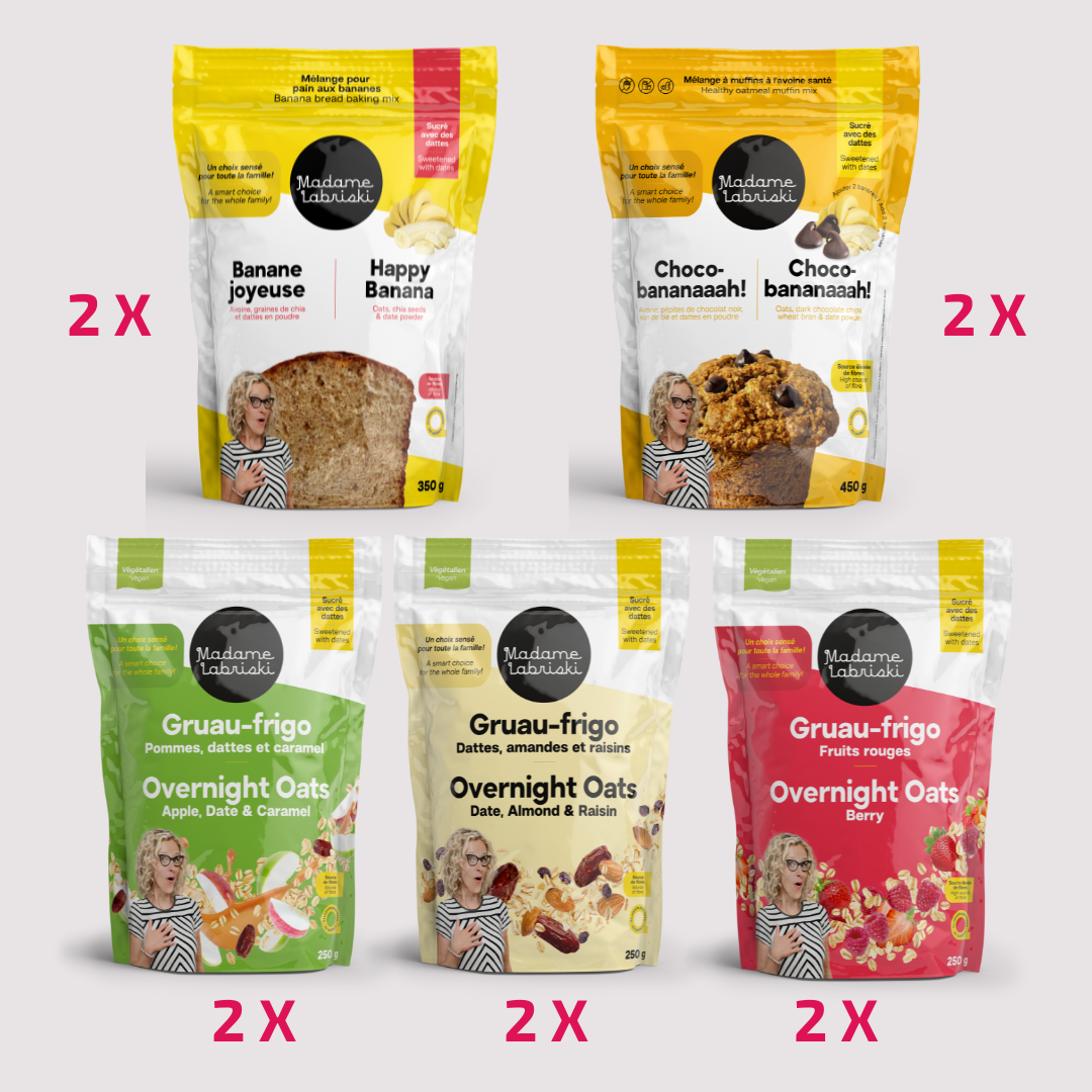Cette boîte comprend 2 x la gamme de gruaux 3 x moins de sucre, 2 x  le mélange à pain aux bananes santé, 2 x  le mélange à muffins choco-bananes, 1 x les dattes en poudre, 1 x le café santé Vitaliski de Madame Labriski