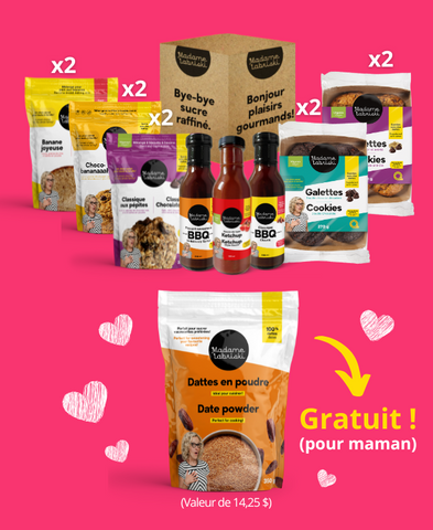Cette boîte comprend :&nbsp;
- 2 x Mélange à muffins à l'avoine santé Choco-bananaaah!
- 2 x Mélange à biscuits Classique aux pépites
- 2 x Mélange à pain aux bananes Banane joyeuse!
- 1 x Sauce BBQ Classique
- 1 x Sauce BBQ Piquant savoureux
- 1 x Sauce Ketchup santé
- 2 x Galettes véganes santé Chocolat noir et avoine
- 2 x Galettes véganes santé Double chocolat décadent