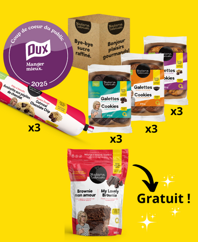 Cette boîte spéciale sans sucre raffiné coup de coeur DUX prête à manger contient 3x galettes véganes mélasse réconfortante, 3x galettes véganes double chocolat décadent, 3x galettes véganes chocolat noir et avoine, 3x pâte à biscuits à manger crue ou cuite Avoinette, 1x mélange à brownie moelleux santé de Madame Labriski.