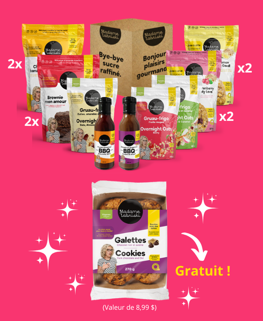 Cette boîte comprend :
2 x Mélange à biscuits sans gluten : Canneberge je t'aime
2 x Mélange à biscuits sans gluten : Citron que c'est bon
2 x Mélange à brownie moelleux : Brownie mon amour
2 x Mélange à muffins santé : Choco-bananaaah
1 x Gruau-frigo 3 x moins de sucre : Dattes, amandes et raisins
1 x Gruau-frigo 3 x moins de sucre : Fruits rouge
1 x Gruau-frigo 3 x moins de sucre : Pommes, dattes et caramel
1 x Sauce  BBQ santé : Piquant savoureux
1 x Sauce BBQ santé : Sésame et gingembre