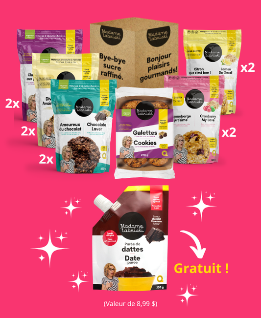 Boîte spéciale du printemps les biscuits de Madame Labriski qui comprend : 
2 x Mélange à biscuits Divine Avoinette
2 x Mélange à biscuits Amoureux du chocolat
2 x Mélange à biscuits Classique aux pépites
2 x Mélange à biscuits sans gluten Canneberge je t'aime
2 x Mélange à biscuits sans gluten Citron que c'est bon
1 x Galette végane Avoine et choco noir
1 x Purée de dattes au chocolat