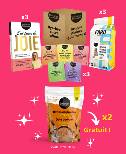 Boîte qui fait du bien qui comprend :
- 3 x le livre J'ai faim de joie - Réflexions et outils pour transformer sa vie
- 3 x Mélange Vitaliski – Café santé à faible teneur en caféine (75 % moins de caféine)
- 3 x le lot de 5 lingettes écolo-inspirantes
- 2 x dattes en poudre gratuites