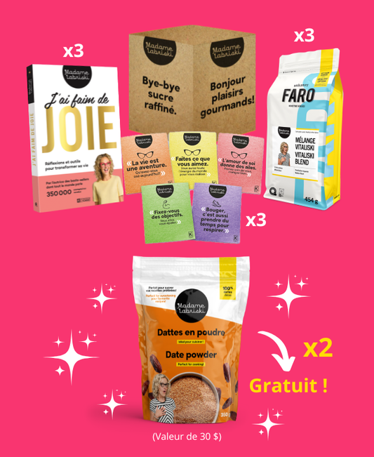 Boîte qui fait du bien qui comprend :
- 3 x le livre J'ai faim de joie - Réflexions et outils pour transformer sa vie
- 3 x Mélange Vitaliski – Café santé à faible teneur en caféine (75 % moins de caféine)
- 3 x le lot de 5 lingettes écolo-inspirantes
- 2 x dattes en poudre gratuites