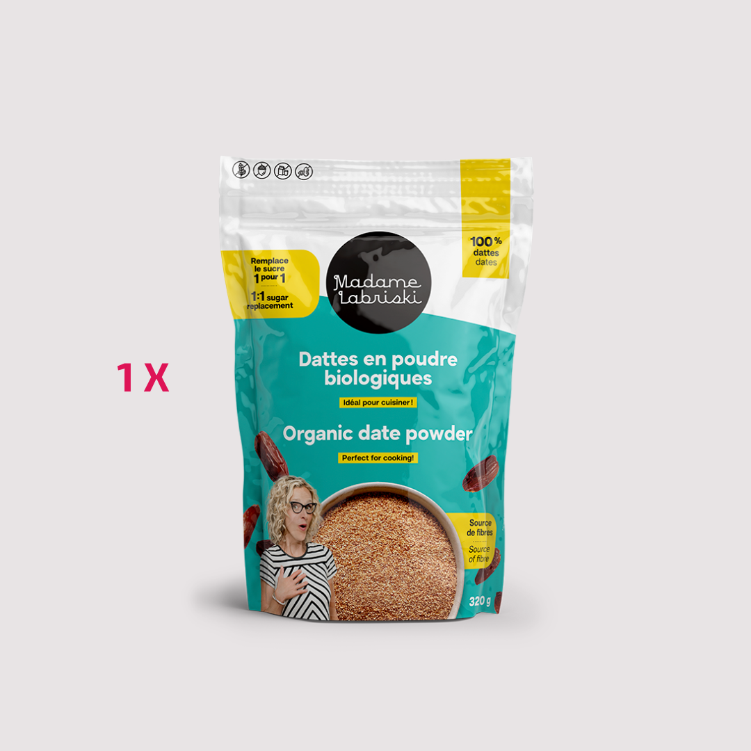 Profitez des bienfaits des dattes avec les dattes en poudre biologiques. Riche en fibres, elle permet de sucrer dans culpabilité. Produit de l'épicerie santé en ligne de Madame Labriski. Disponible à l'unité.