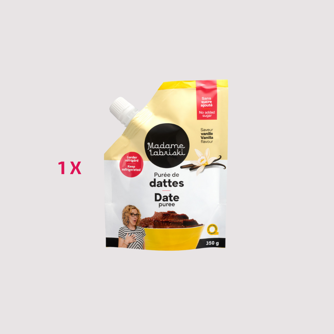 Purée de dattes à la vanille de Madame Labriski. Sans sucre ajouté. Délicieux parfum de vanille. Parfait pour sucrer votre café, votre yogourt, vos laits chauds ou pour tartiner ou même manger à la cuillère. Une autre succulente façon de dire BYE-BYE AU SUCRE RAFFINÉ ajouté.