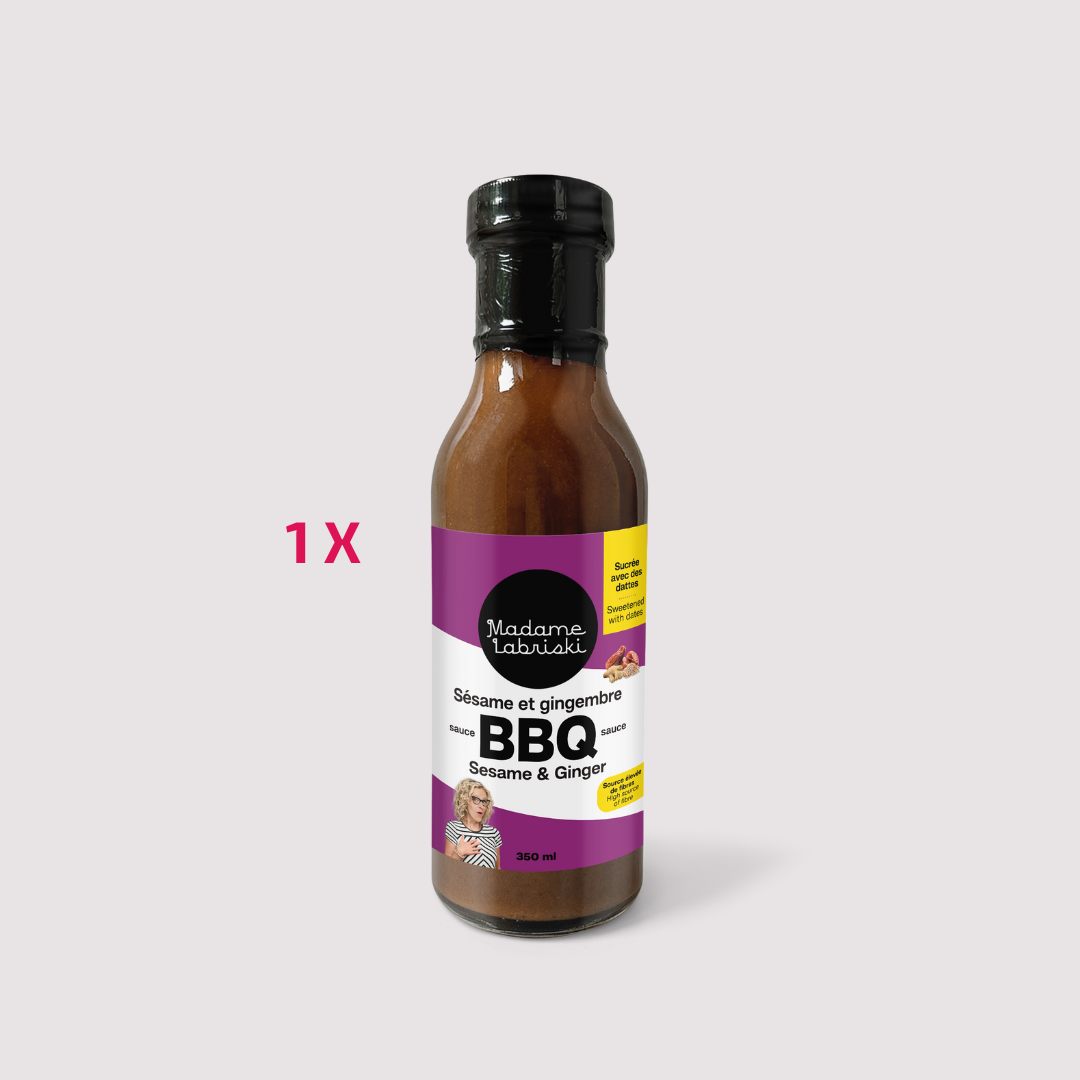 Sauces BBQ santé : Sésame et gingembre. Préparation sans sucre raffiné ajouté et riche en fibres. Produit de l'épicerie santé en ligne de Madame Labriski. Disponible à l'unité.